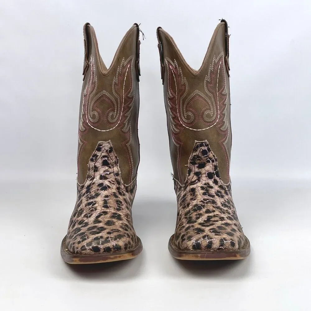ROPER Little Kids Girls Size 3 Glitter Leopard Square Toe Western Cowboy Boots